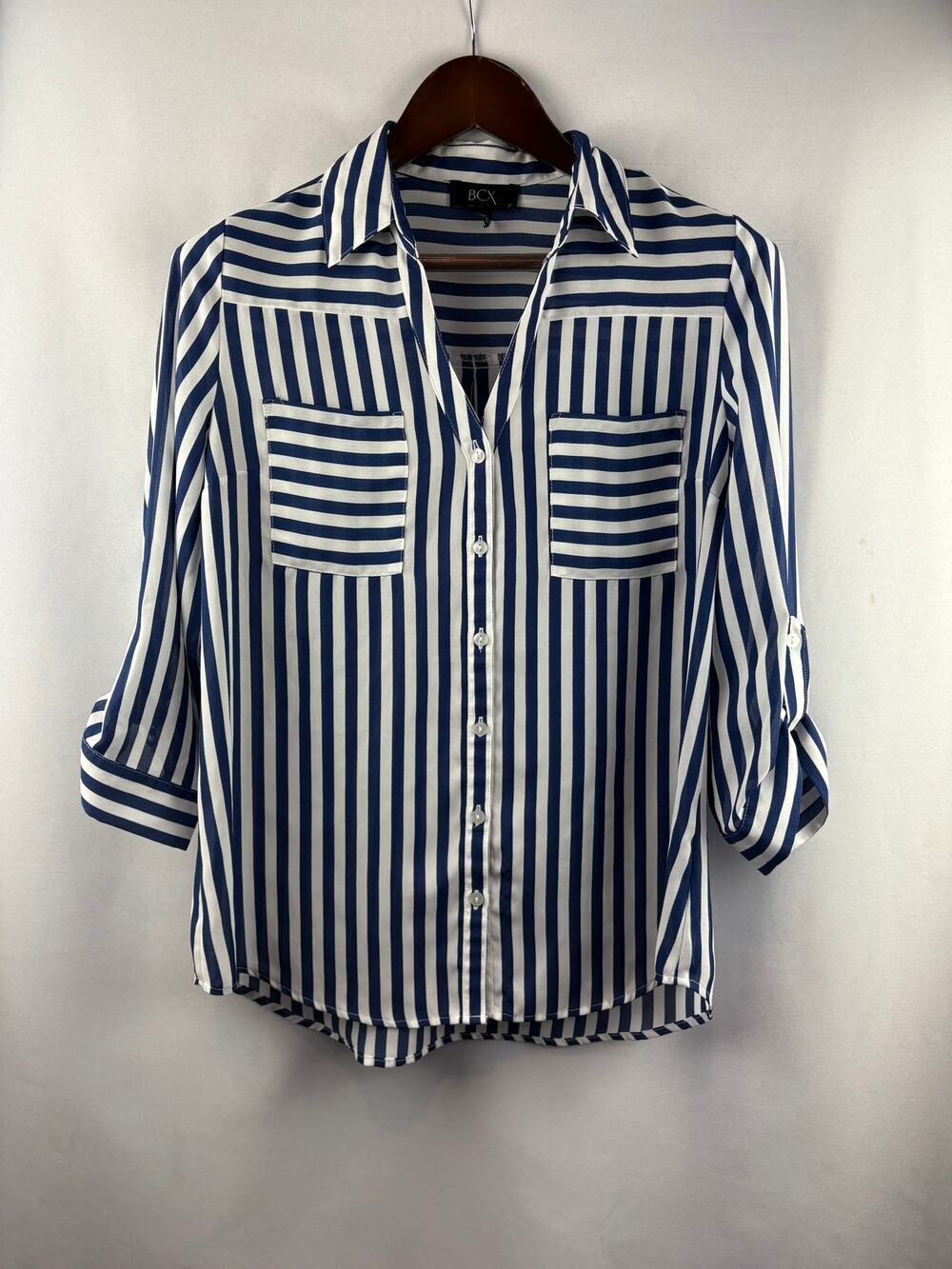 Women’s BCX Large Blue & White Striped Button Up